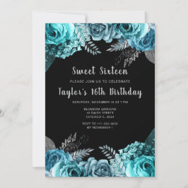Invitación Elegant Teal Blue and Silver Flowers Sweet Sixteen