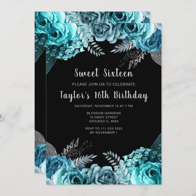 Invitación Elegant Teal Blue and Silver Flowers Sweet Sixteen (Anverso / Reverso)