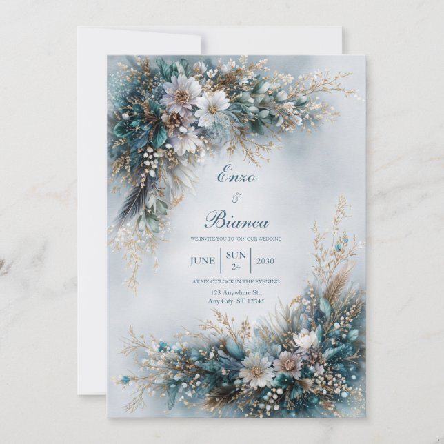 Invitación Elegant Teal Blue Floral Gold Feather Wedding (Anverso)