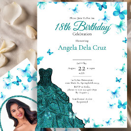 Invitación Elegant Teal Butterflies Dress 18th Birthday Debut