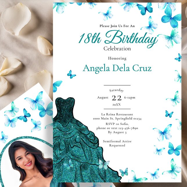 Invitación Elegant Teal Butterflies Dress 18th Birthday Debut (Subido por el creador)
