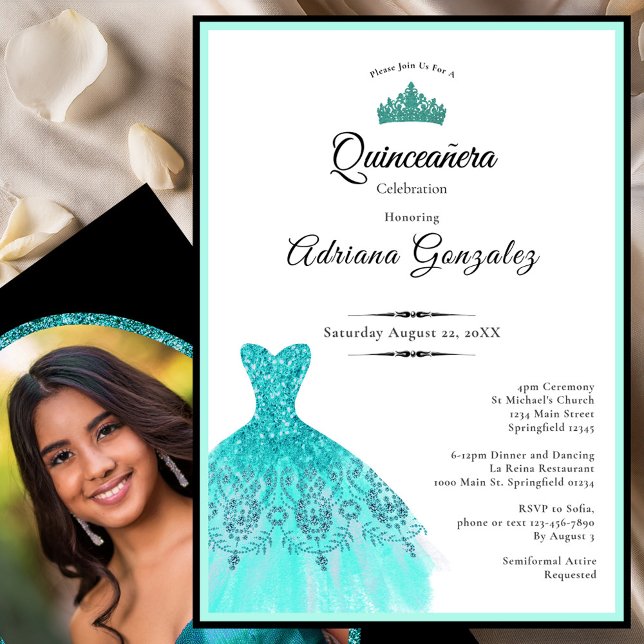 Invitación Elegant teal dress 15th birthday Quinceanera (Subido por el creador)
