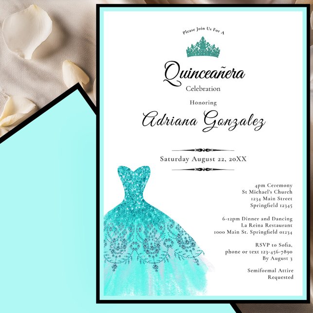 Invitación Elegant teal dress 15th birthday Quinceanera (Subido por el creador)