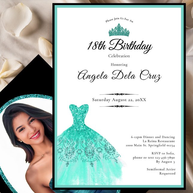 Invitación Elegant teal dress 18th birthday debut (Subido por el creador)