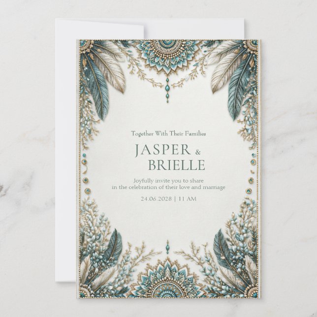 Invitación Elegant Teal Feather Ornate Filigree Wedding (Anverso)