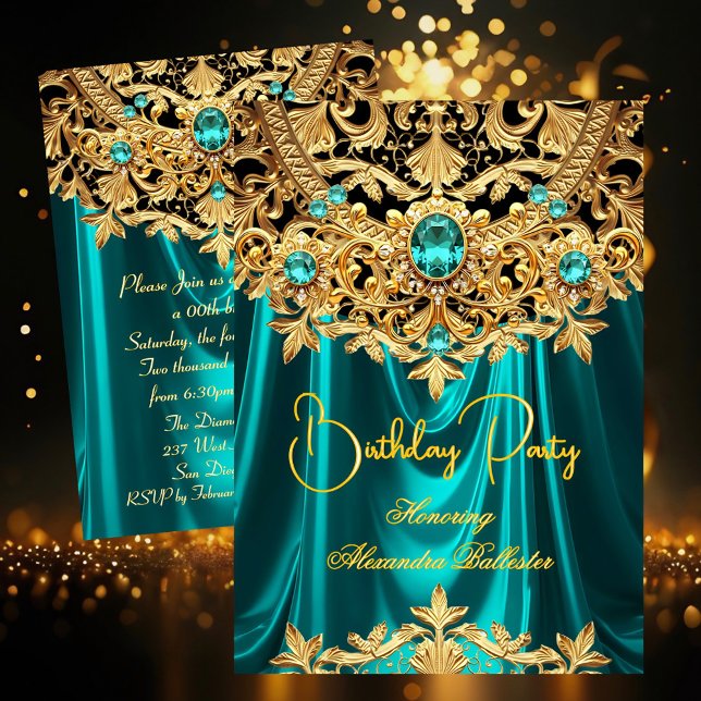 Invitación Elegant Teal Gems Gold Lace Damask Birthday Party (Subido por el creador)
