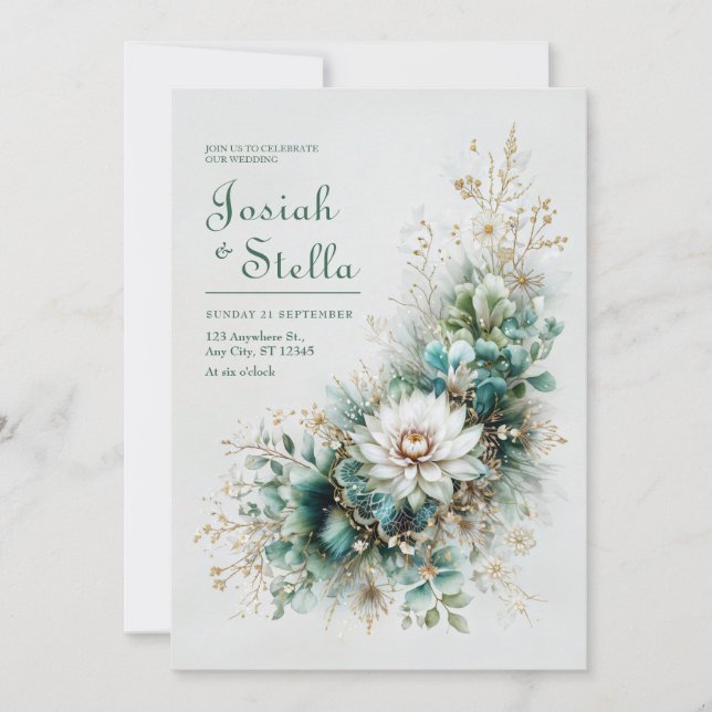 Invitación Elegant Teal Green Gold White Floral Wedding (Anverso)