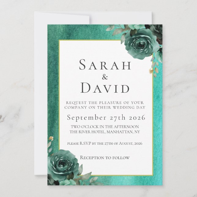 Invitación Elegant Teal Green Watercolor Floral Wedding (Anverso)