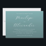 Invitación Elegant Teal Minimalist Wedding Invitation<br><div class="desc">This elegant wedding invitation features a minimalist design with a calming teal background and crisp white typography. The layout is clean and sophisticated, utilizing ample negative space to highlight the names in flowing script font, creating a focal point for the invitation. Customizable text fields allow personalization for dates, times, and...</div>