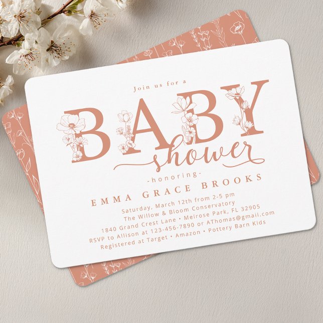 Invitación Elegant Terracotta Floral Baby Shower Typography (Floral Baby Shower Invite)