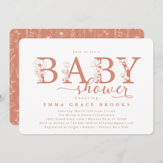 Invitación Elegant Terracotta Floral Baby Shower Typography (Anverso / Reverso)