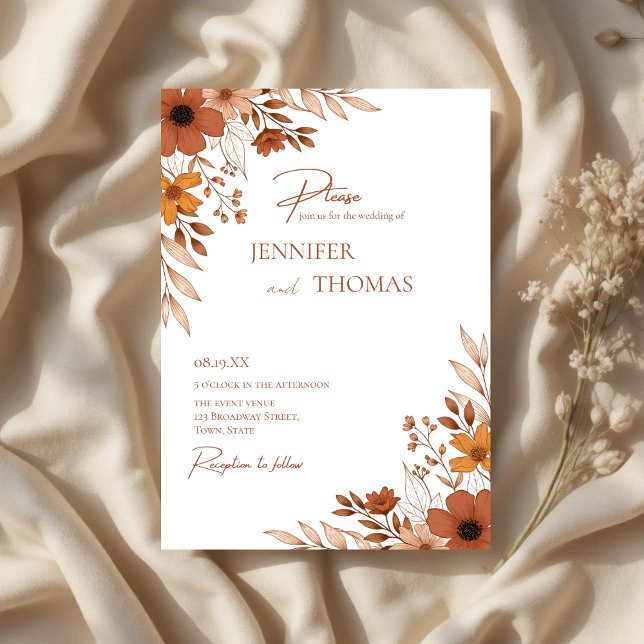 Invitación Elegant Terracotta Floral Hand-Drawn Wedding (Elegant Terracotta Floral Hand-Drawn Wedding Invitation)