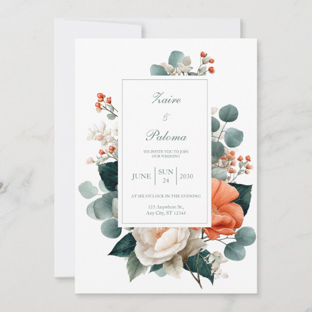 Invitación Elegant Terracotta Orange Eucalyptus Floral (Anverso)