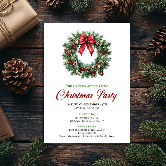 Invitación Elegant Traditional Pine Wreath Party Invitation (Elegant Traditional Pine Wreath Party Invitation)