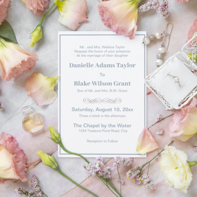 Invitación Elegant Traditional Words Dusty Blue White Wedding (Subido por el creador)