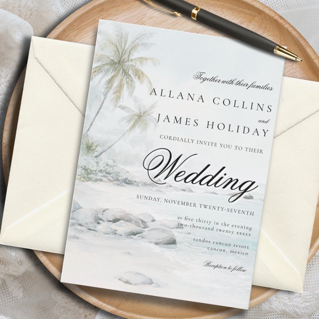 Invitación Elegant Tropical Palm Watercolor Beach Wedding (Subido por el creador)