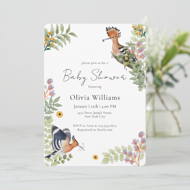 Invitación Elegant Tropical Wildflower Birds Baby Shower (Anverso de pie)