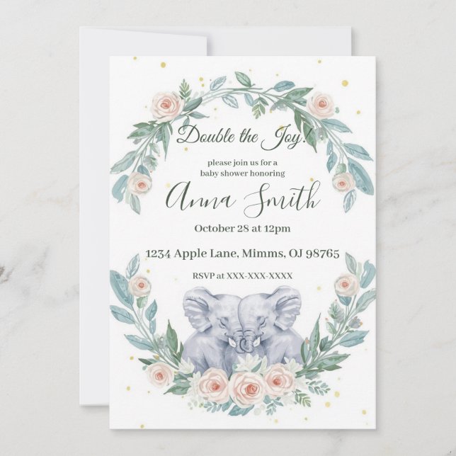 Invitación Elegant Twin Baby Shower Invitation – Watercolor (Anverso)