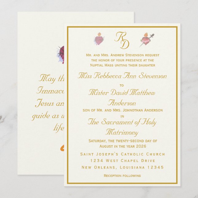 Invitación Elegant Two Hearts Catholic Wedding Invitation (Anverso / Reverso)