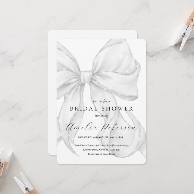 Invitación Elegant, tying the knot bridal shower white bow. (Anverso/Reverso In Situ)