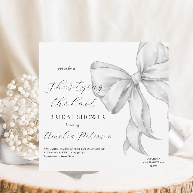 Invitación Elegant, tying the knot bridal shower white bow. (Subido por el creador)
