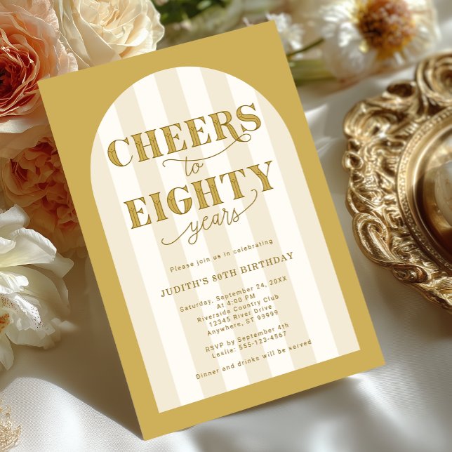 Invitación Elegant Typography Cheers 80th Birthday (Shown on a 5" x 7" invitation)