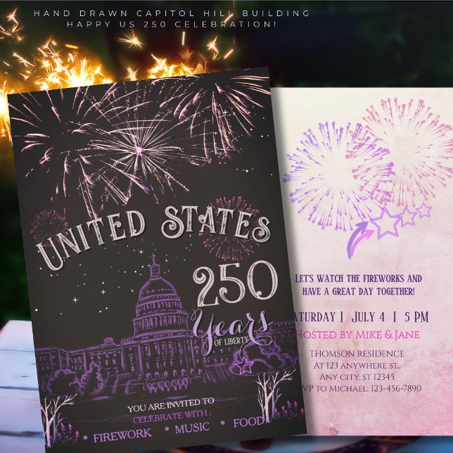 Invitación Elegant US 250 Years Firework Purple Capitol Hill  (Elegant US 250 Years Firework Purple Capitol Hill Invitation)