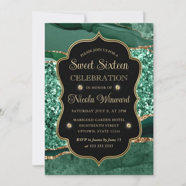 Invitación Elegant Verde y Dorado Agate Brillante Cumpleaños  (Anverso)