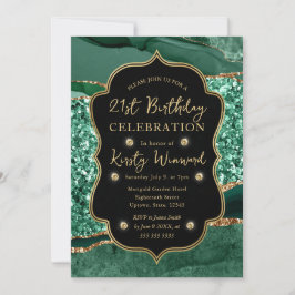 Invitación Elegant Verde y Dorado Glitter Agata Cumpleaños 21