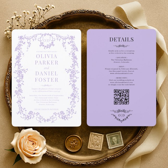 Invitación Elegant Victorian Lilac Purple All in One Wedding (Subido por el creador)