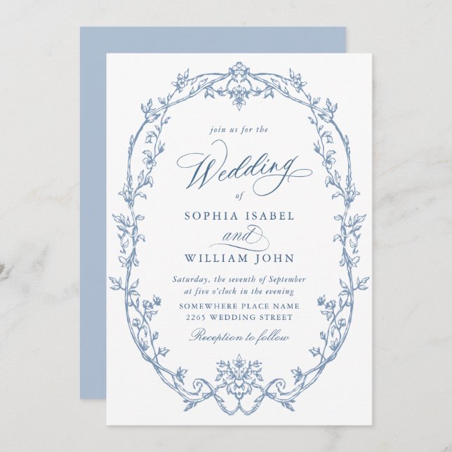 Invitación Elegant Victorian Ornate Floral Dusty Blue Wedding (Anverso / Reverso)