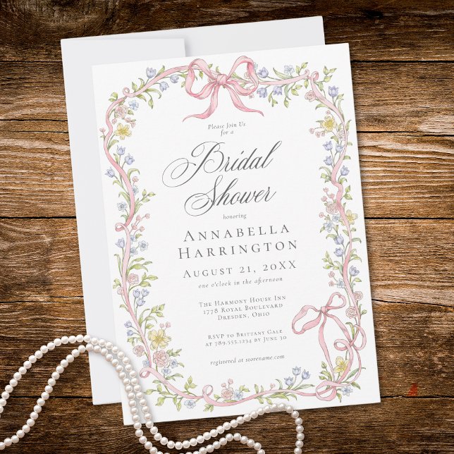 Invitación Elegant Victorian Pastel Floral Bow Bridal Shower (Elegant Victorian Pastel Floral Bow Bridal Shower Invitation)