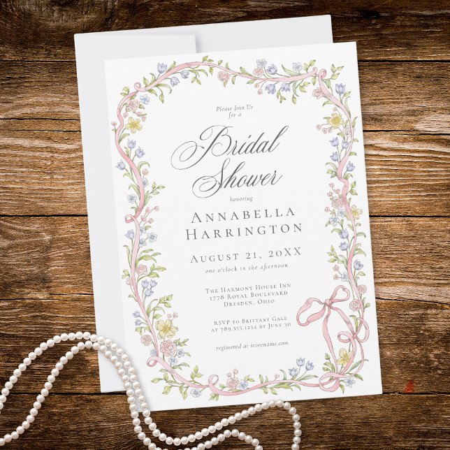 Invitación Elegant Victorian Pastel Floral Bow Bridal Shower (Elegant Victorian Pastel Floral Bow Bridal Shower Invitation)