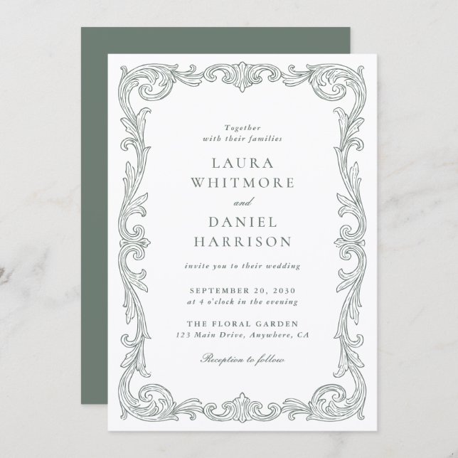 Invitación Elegant Vintage Baroque Frame Sage Green Wedding (Anverso / Reverso)