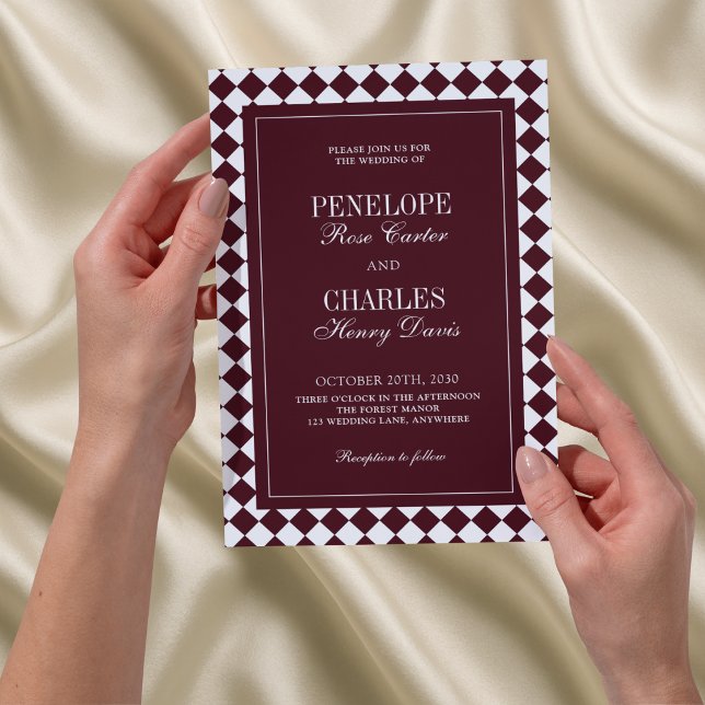 Invitación Elegant Vintage Burgundy Checkered Formal Wedding (Subido por el creador)