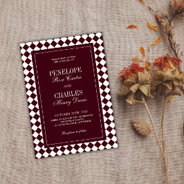 Invitación Elegant Vintage Burgundy Checkered Formal Wedding