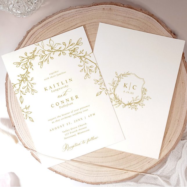 Invitación Elegant Vintage Crest Gold Botanical Wedding (Elegant gold botanical crest wedding invitations)