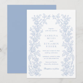 Invitación Elegant Vintage Floral Frame Dusty Blue Wedding
