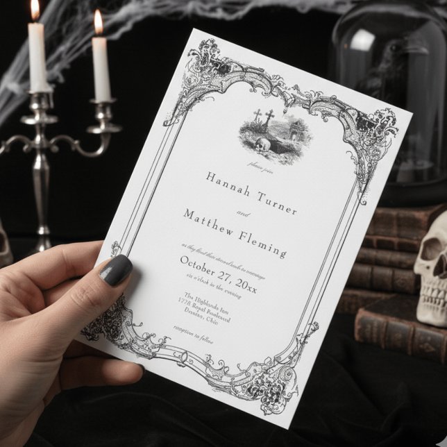 Invitación Elegant Vintage Gothic Black Toile Skull Wedding (Subido por el creador)