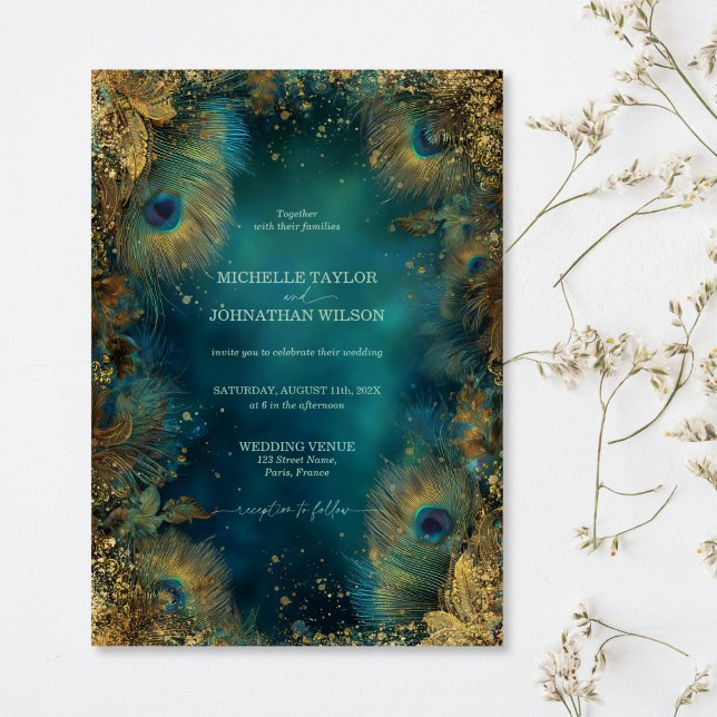 Invitación Elegant Vintage Peacock Feather Enchanted Forest (Elegant Vintage Peacock Feather Enchanted Forest Invitation)