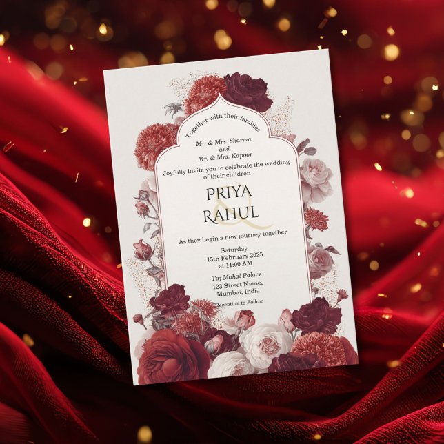 Invitación Elegant Vintage Red Floral Indian Wedding (Indian wedding invitation with the indian arch and red flowers)