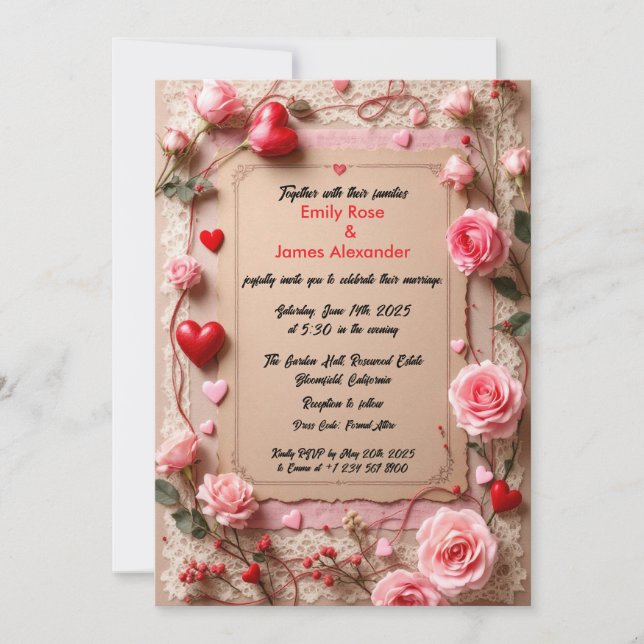 Invitación Elegant Vintage  Roses &Hearts wedding invitation (Anverso)