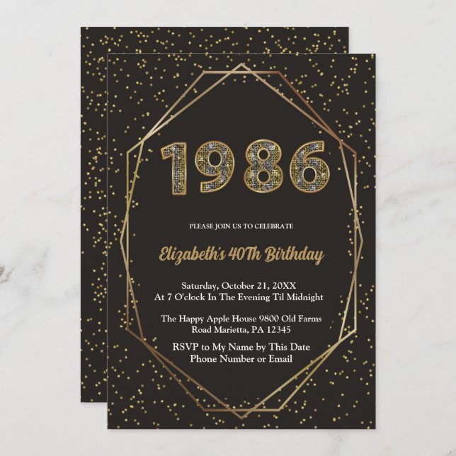 Invitación Elegant Vintage Year 1986 40th Birthday Party (Anverso / Reverso)