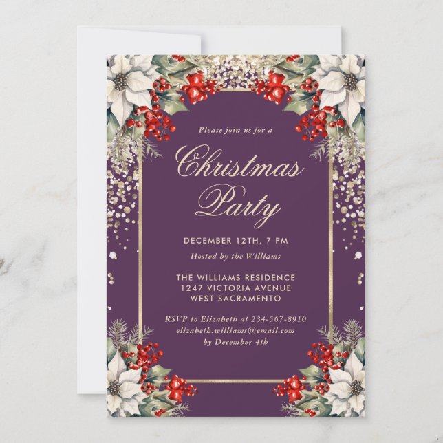 Invitación Elegant Violet Gold Botanical Christmas Party (Anverso)
