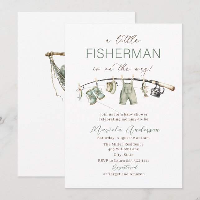 Invitación Elegant Watercolor A  little fisherman  Baby Showe (Anverso / Reverso)