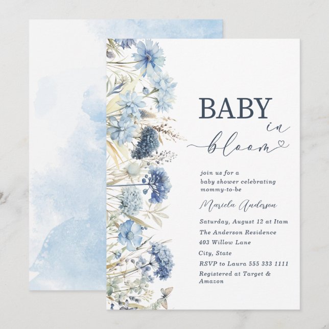Invitación Elegant Watercolor Baby in Blooom blue flowers   B (Anverso / Reverso)