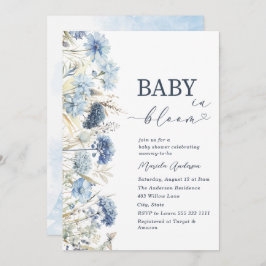 Invitación Elegant Watercolor Baby in Blooom blue flowers B