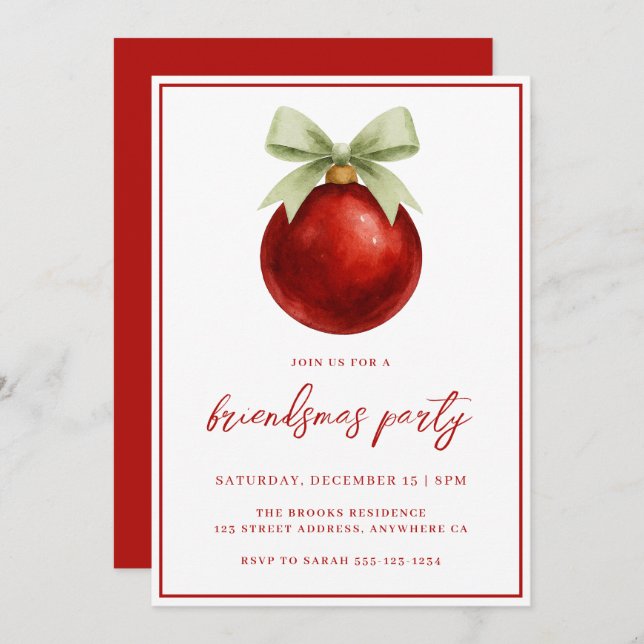 Invitación Elegant Watercolor Bauble & Bow Friendsmas Party (Anverso / Reverso)