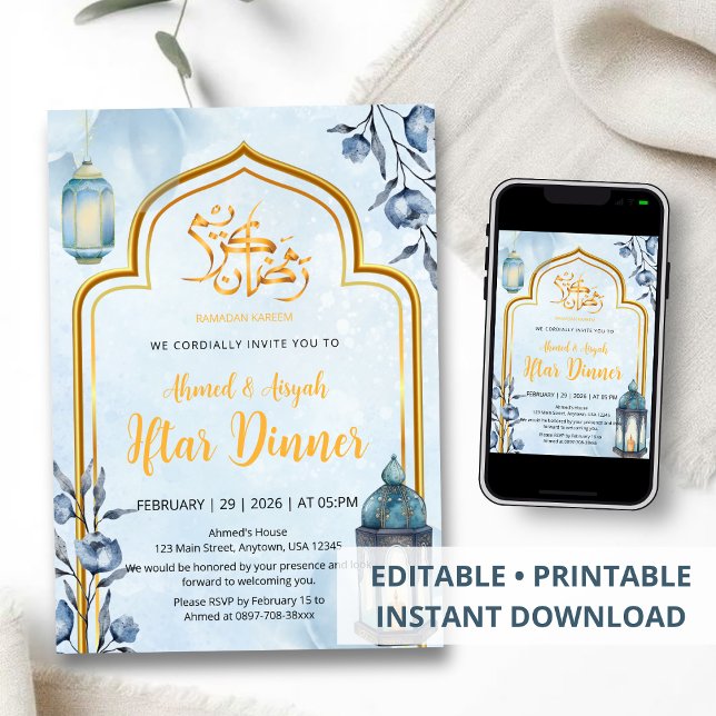 Invitación Elegant Watercolor Blue and Gold Lantern Iftar (Subido por el creador)