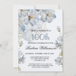 Invitación Elegant Watercolor Blue Floral 100th Birthday